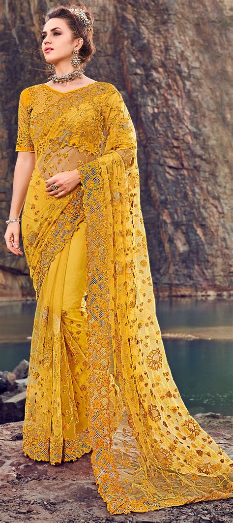 Bridal, Engagement, Wedding Yellow color Net fabric Saree : 1621521