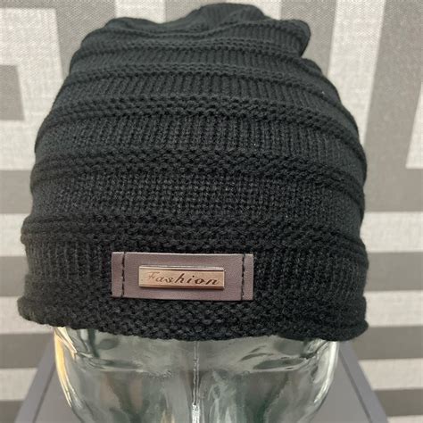 Black lined woolly winter beanie hat, black, brand... - Depop