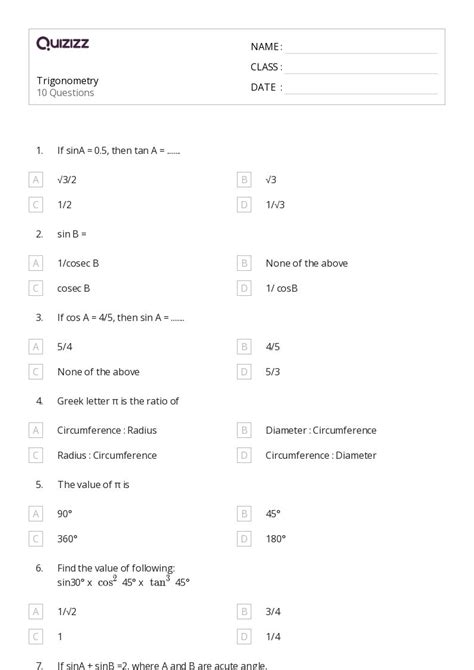 50+ trigonometry worksheets for 10th Class on Quizizz | Free & Printable