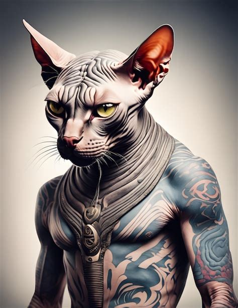 Gato esfinge atlético y musculoso sin pelo con grandes ojos amarillos y tatuajes en el cuerpo ...