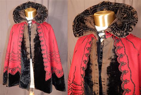 Victorian Red Wool Black Velvet Jet Beaded Soutache Winter Cloak Cape Mantle | eBay