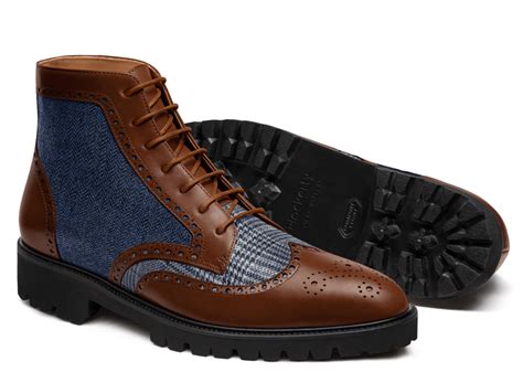Brogue Leather boots - brown & blue leather & tweed