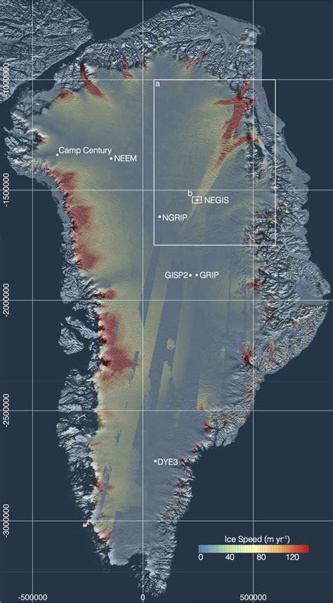 Locations of Greenland ice core drilling sites NEGIS, NEEM, NorthGRIP... | Download Scientific ...