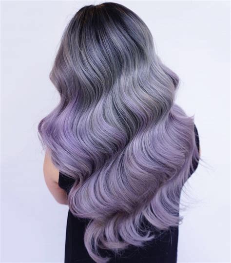 Gorgeous smoky gray hair color with purple ombre hair and dramatic wavy hair by Eva Lam ...