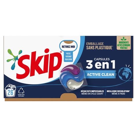 SKIP Capsules de lessive 3 en 1 active clean 26 lavages 26 capsules pas cher à prix Auchan