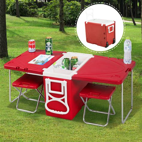Multi Function Rolling Cooler Picnic Table w/ 2 Chairs - Red or Blue