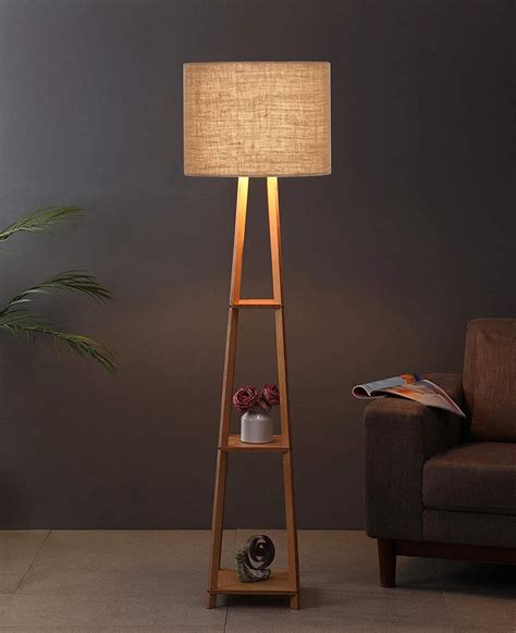 WoodLab Premium Floor Lamp Natural Finish with three level decorative shelf (Natural Jute ...