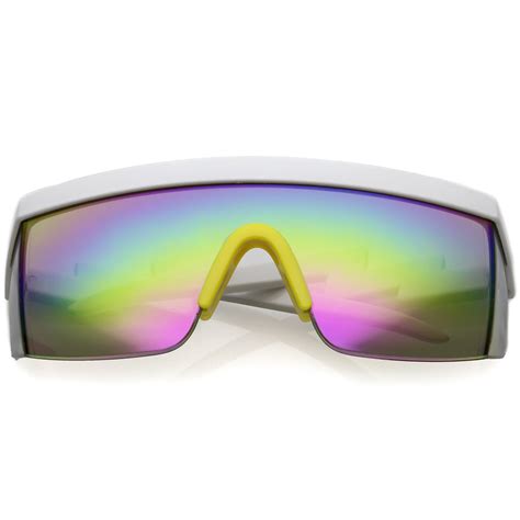 Retro Flat Top Rainbow Mirrored Goggle Shield Sunglasses - zeroUV