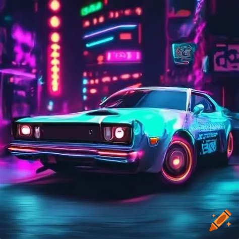 Neon-lit vintage car with cyberpunk vibe