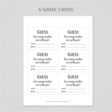 six game cards with the words guess, guess and guess in black ink on white paper