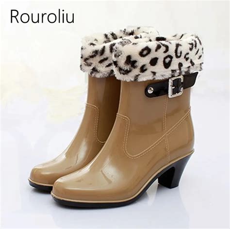 Rouroliu Women Fashion High Heels Rain Boots Mid calf Buckle Rainboots ...