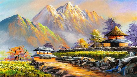 VILLAGE PAINTING | Acrylic Landscape Painting in Time-lapse | Old Village Houses | Nepali ...