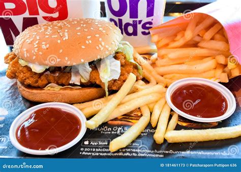 McDonald`s Large Fried Chicken Hamburger Menu + French Fries And Coke Drinks Editorial Photo ...