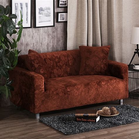 Brown Velvet Flower Sofa Cover Solid Color Elasric Furniture Protector