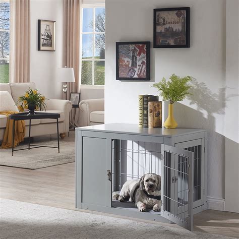 Unipaws Dog Crate End Table with Cushion, Wooden Wire Pet Kennels with Double Doors, Modern ...