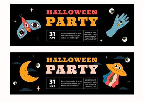 A set of two horizontal Halloween party banner templates. The design is in the style of groovy ...