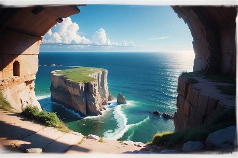 Premium AI Image | A painting of a cliff in the ocean