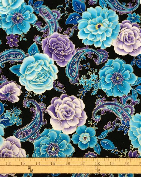 Blue Floral Paisley Cotton Fabric With Gold Highlights Hi | Etsy