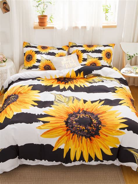 Sunflower & Stripe Pattern Sheet Set Without Filler | SHEIN | Yellow bedroom decor, Yellow room ...