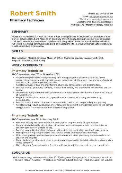 Pharmacy Technician Resume Samples | QwikResume