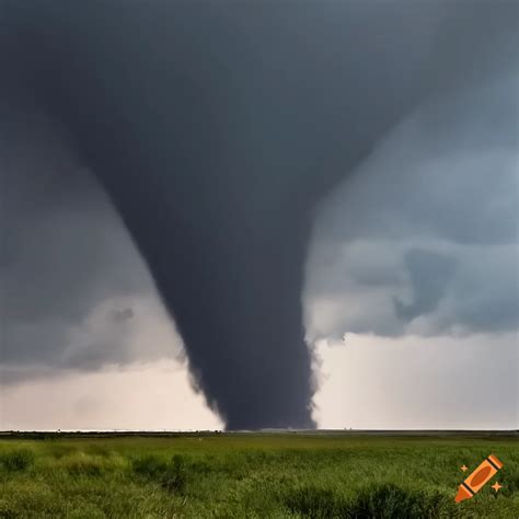 Massive mile-wide ef5 wedge tornado striking the plains under a dark sky on Craiyon