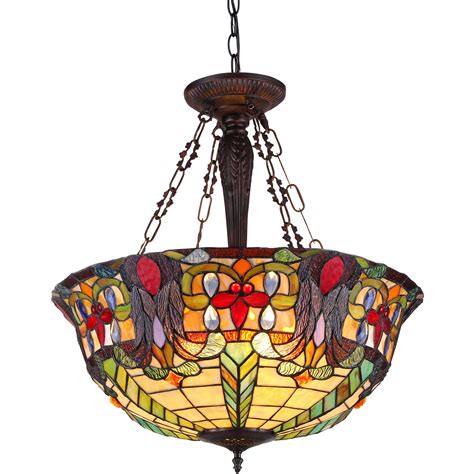 Chloe Lighting Riley Tiffany-Style 3-Light Victorian Inverted Ceiling Pendant Fixture with 22 ...