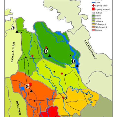 An overview map of the Nilphamari district showing several geographic ...