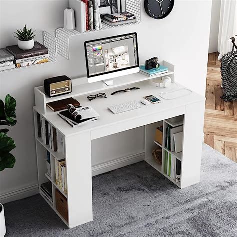 Tangkula 48” White Desk with Storage Bookshelf, Home Office Computer ...