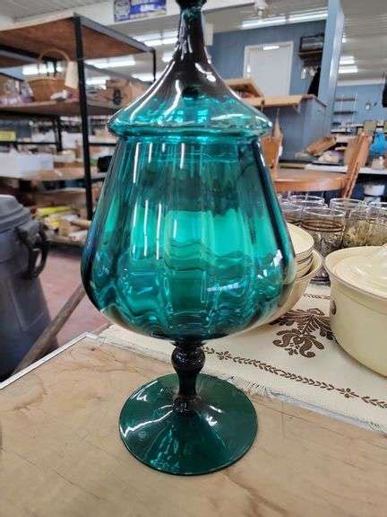 Empoli Apothecary Jar Peacock Blue Green Color MCM Glass & Glass ...