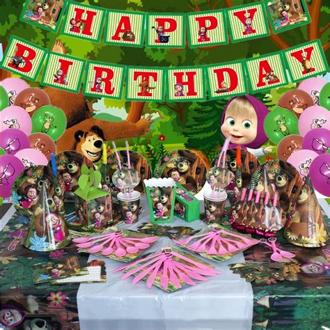 Masha and The Bear Themed Party Decorations Masha and The Bear Cake Topper Tablecloth Banner ...