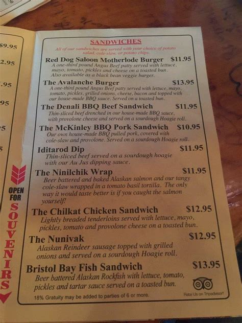 Menu at Red Dog Saloon pub & bar, Juneau