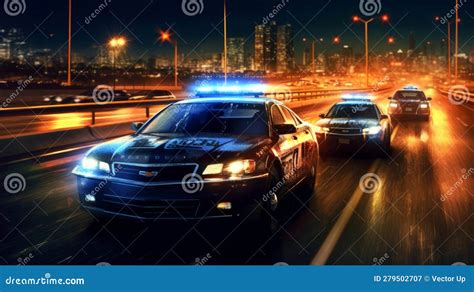 Police Car with Sirens on the Highway. Generative AI Stock Illustration ...