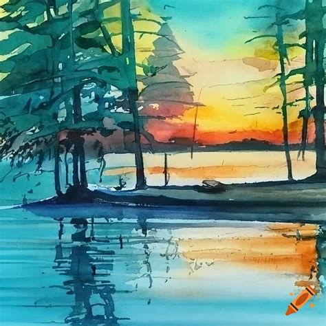 Watercolor painting of a lake house