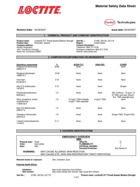 MSDS - Loctite 577 | PDF | Dangerous Goods | Hazardous Waste