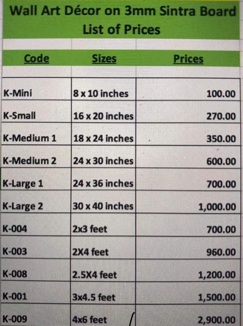 Sizes and Price List 💕 - Sintra Board Davao - Wall Art Decor | Facebook