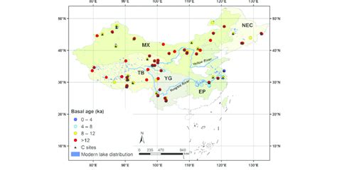 Map of study region and lake sites in China. The dot color indicates ...