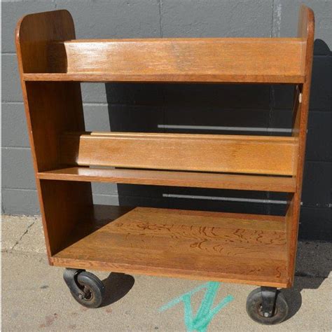 Midcentury Oak Book Cart With Slanted Shelves on Wheels From Public Library | Chairish