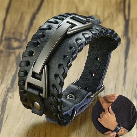 Men Stylish Wide Leather Bracelet Punk Braided Rope Alloy Cuff Bangle Male Wristband Mens ...