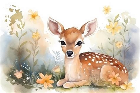 Premium AI Image | A watercolor painting of a fawn in a field of flowers.