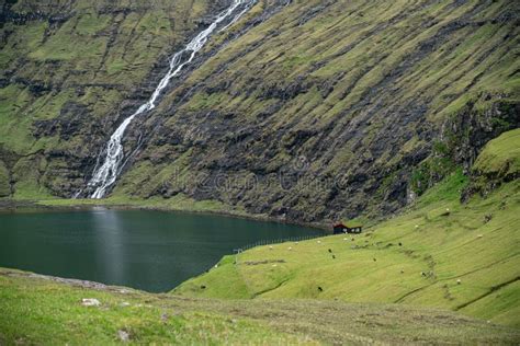 Landscape View of Saksun Village Waterfall and Lake, Faroe Islands ...