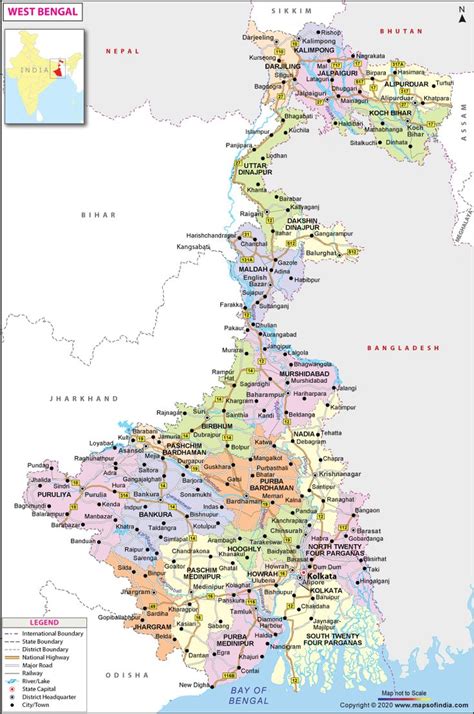 West Bengal Map with State Capital and Major Towns