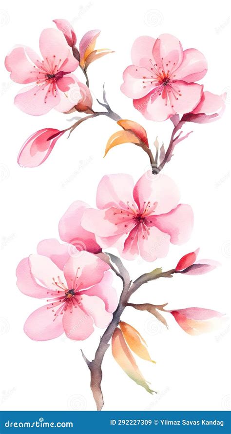 Watercolor Cherry Blossom Branch on White Background, Vector Illustration. Stock Illustration ...