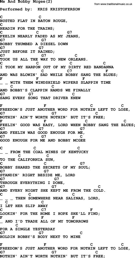 Kris Kristofferson song: Me And Bobby Mcgee(2) lyrics and chords