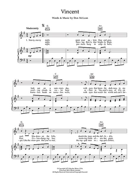 Vincent (Starry Starry Night) Sheet Music | Sheet music, Violin sheet ...