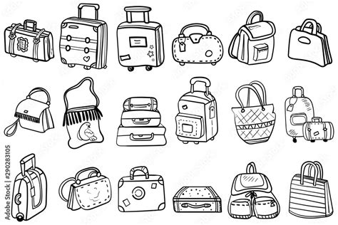 Collection of doodle bags, backpacks, suitcases and beach bags. Coloring page or book for ...