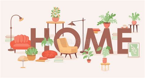 Home Word Banner Design. Home Furniture and Household Items Vector Flat ...