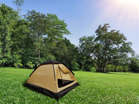 Premium Photo | Travel tent camping in the open grass in the forest