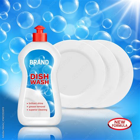 Dish wash liquid soap and clean dishes realistic vector mockup ...