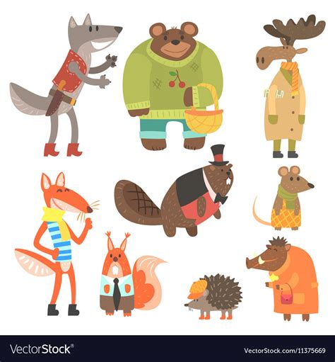 Forest animals dressed in human clothes set Vector Image