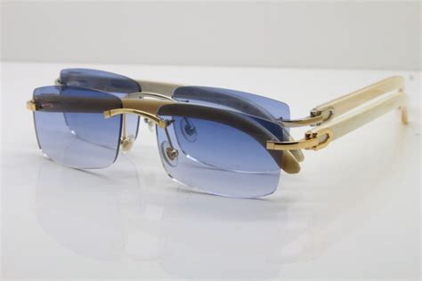 Cartier Rimless 8200757 SunGlasses Original White Genuine Natural Horn Sunglasses in Gold Blue Lens